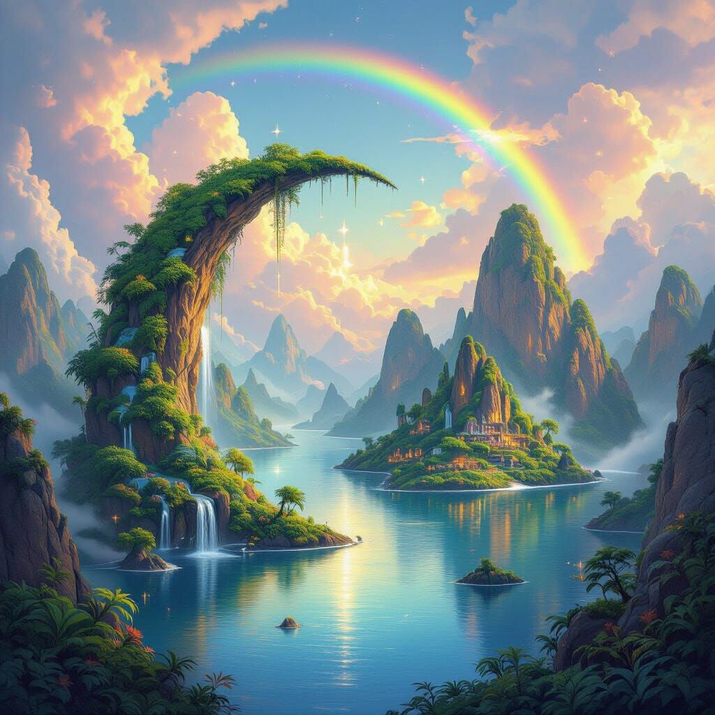 Fantastical Crescent Island with Waterfalls and Rainbow