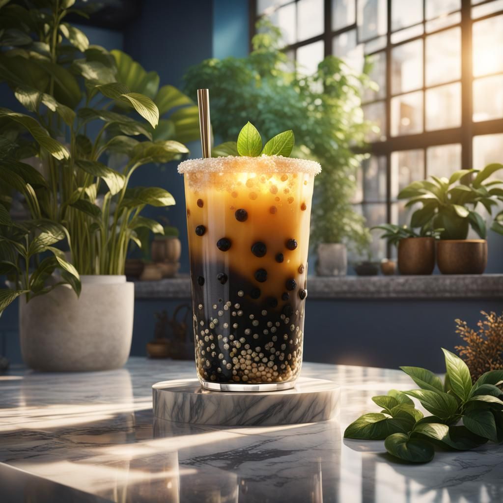 Sparkling Boba Tea on Marble Countertop