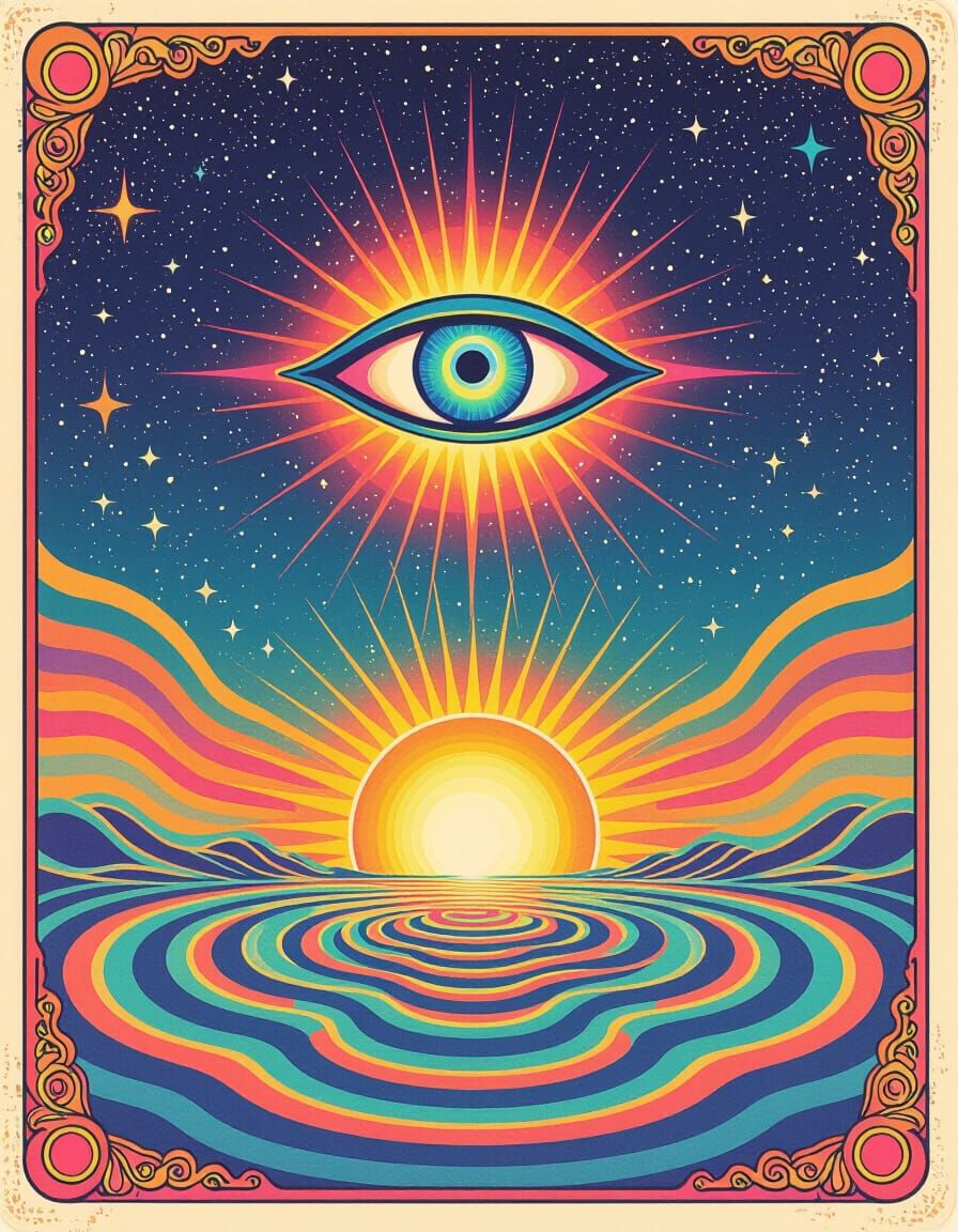 Psychedelic Oracle Card with Glowing Third Eye and Sunburst