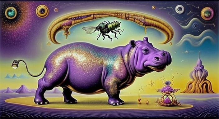 Surreal Hippo in Dali-Inspired Cyberpunk Landscape