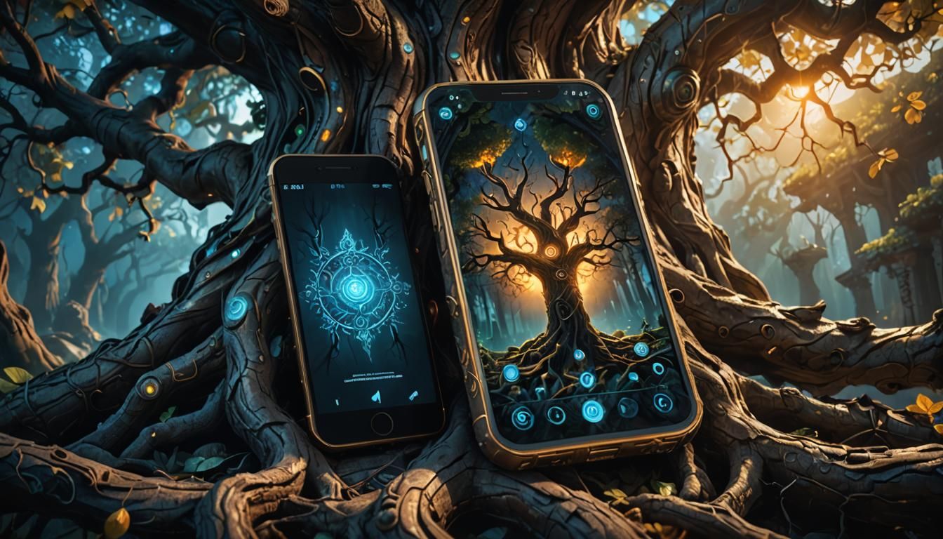 Mystical Smartphone Embedded in Ancient Tree
