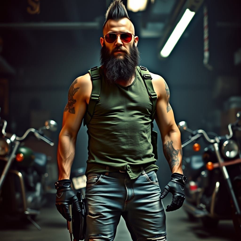 Rugged Biker in Dimly Lit Garage