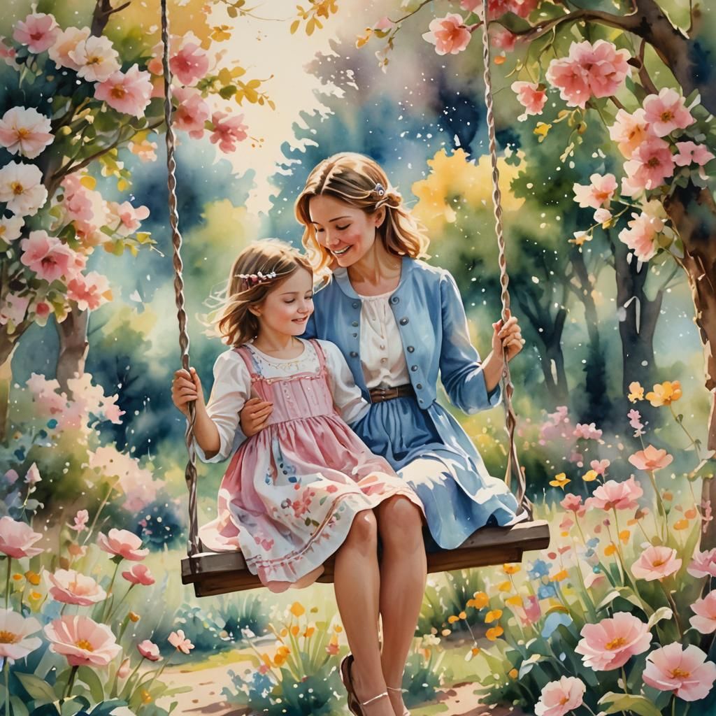 Mother and Daughter on Swing as Watercolor Painting