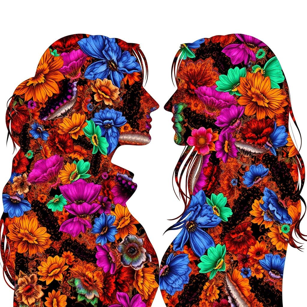 Loving Digital Textile Art Silhouettes in Vibrant Color