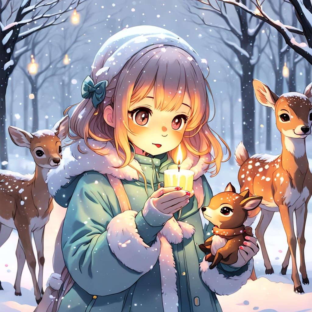 Cute Anime Girl in Snowy Wonderland with Deer