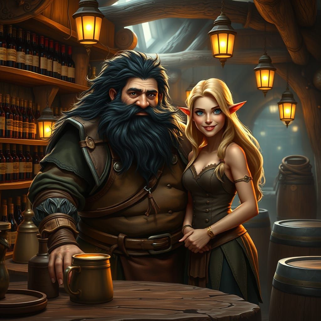 Fantasy Tavern Scene with Dwarf and Elf