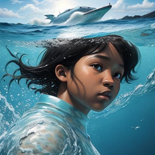 Hyperrealistic Decoupage Ocean Beluga with Child