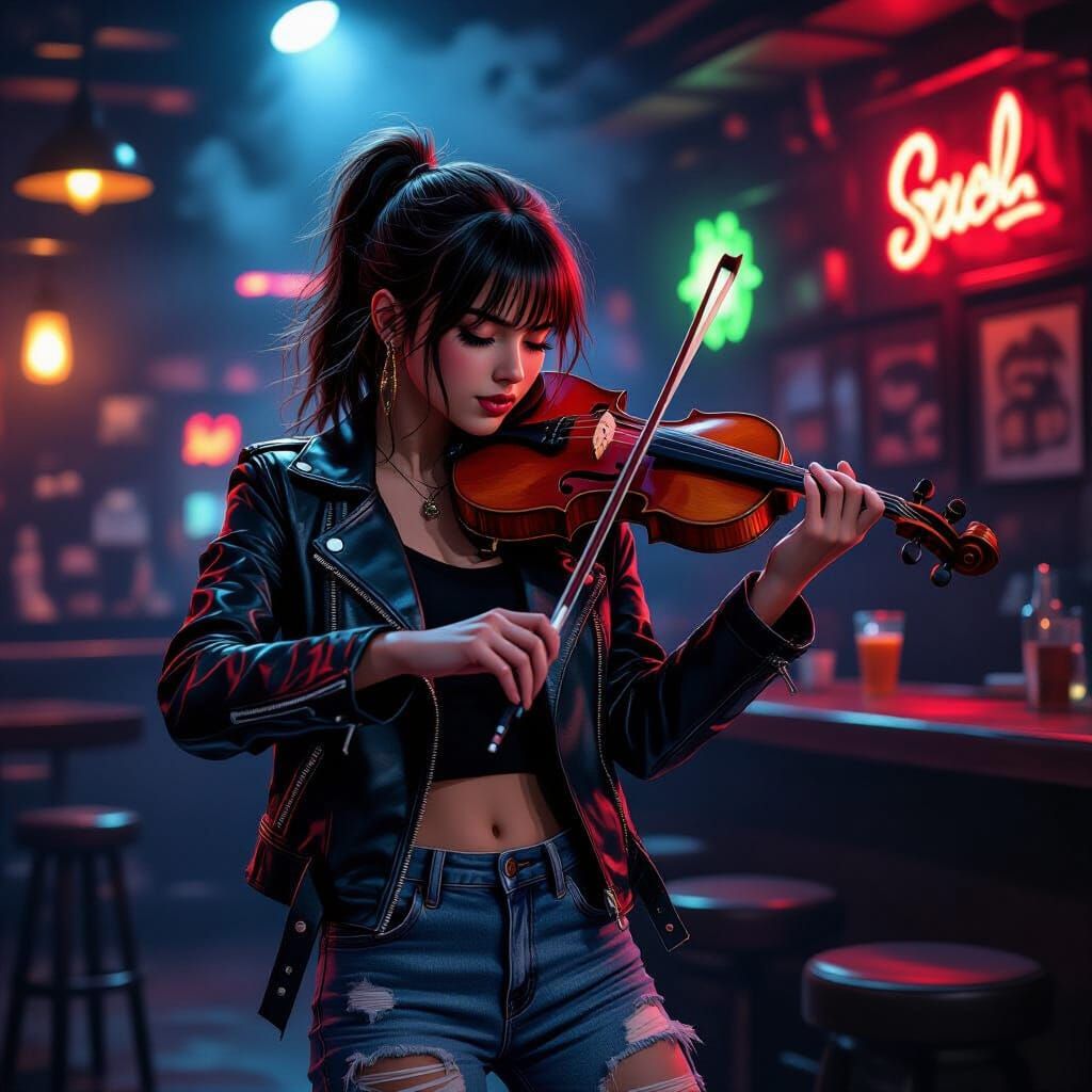 Teenage Violinist Plays with Passion in Smoky Bar