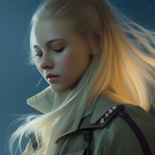 Teenage Girl in Army Jacket, Detailed Digital Art