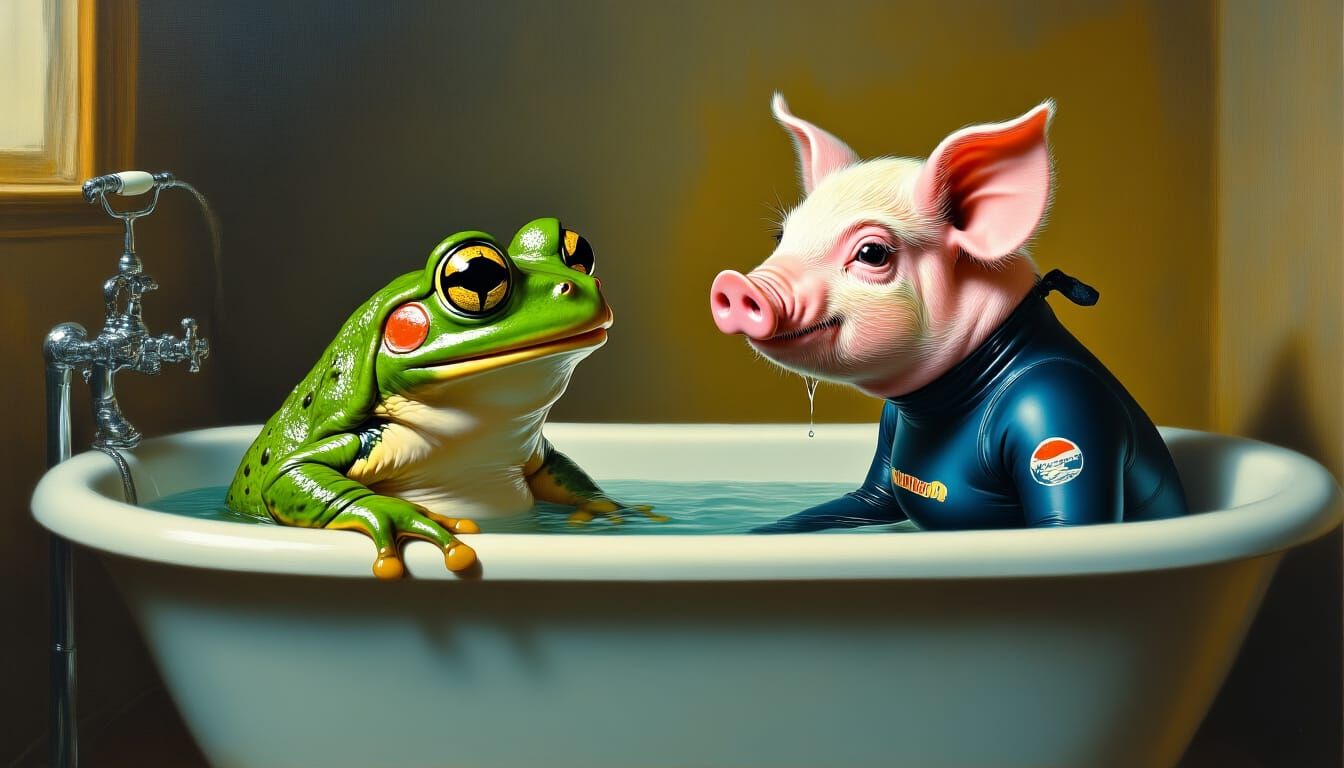Surreal Frog and Pig in Bath, Mixed Media