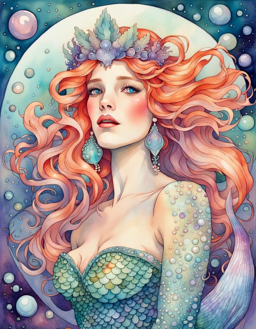 Rainbow Mermaid in Art Nouveau Style
