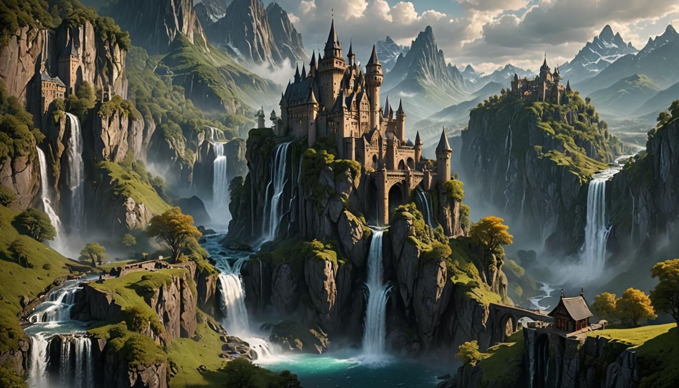 Epic Fantasy Landscape with Waterfalls and Castle