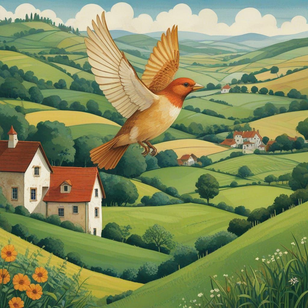 Whimsical English Countryside with Hedges and Birds