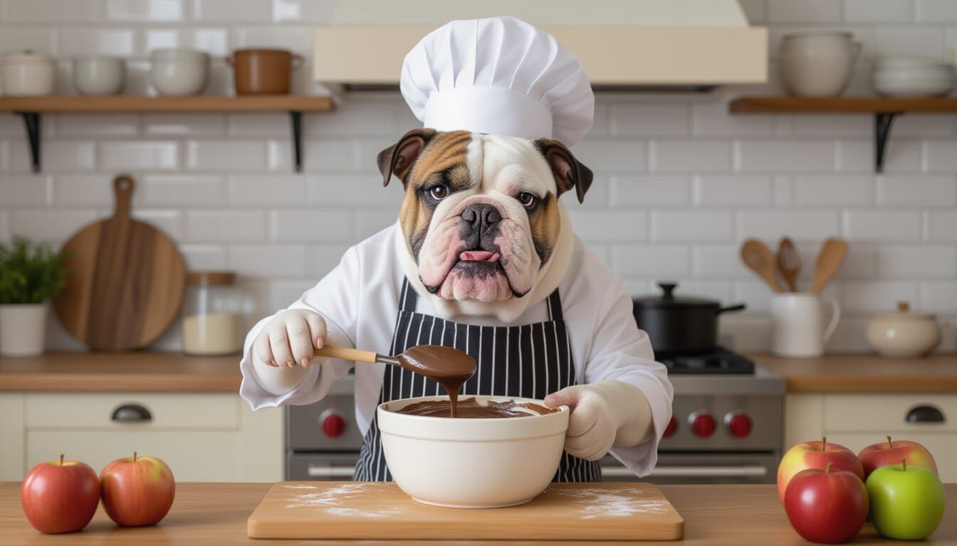 French Bulldog Chef Mixing Chocolate in Rustic Kitchen
