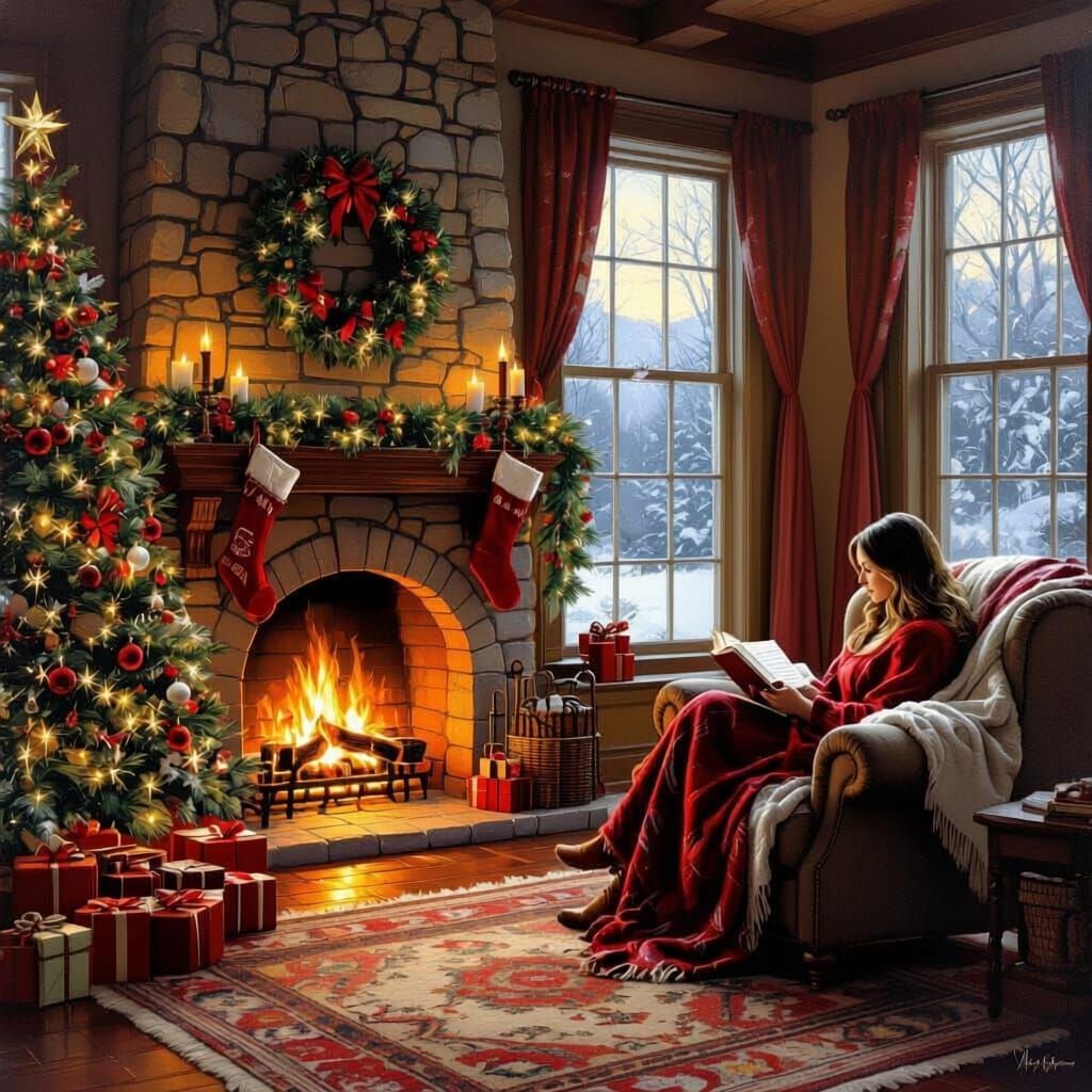 Woman Reading by Fireplace with Christmas Tree