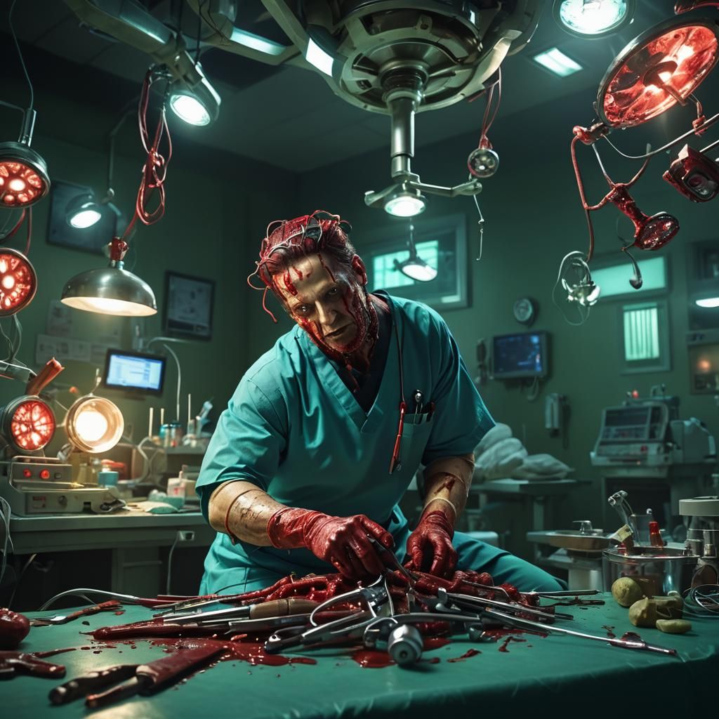 Mad Doctor in Dimly Lit Operating Room