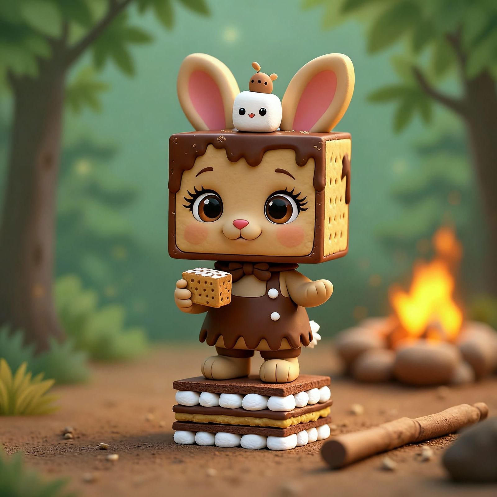 Clay Bunny Character Holding S'more Near Campfire