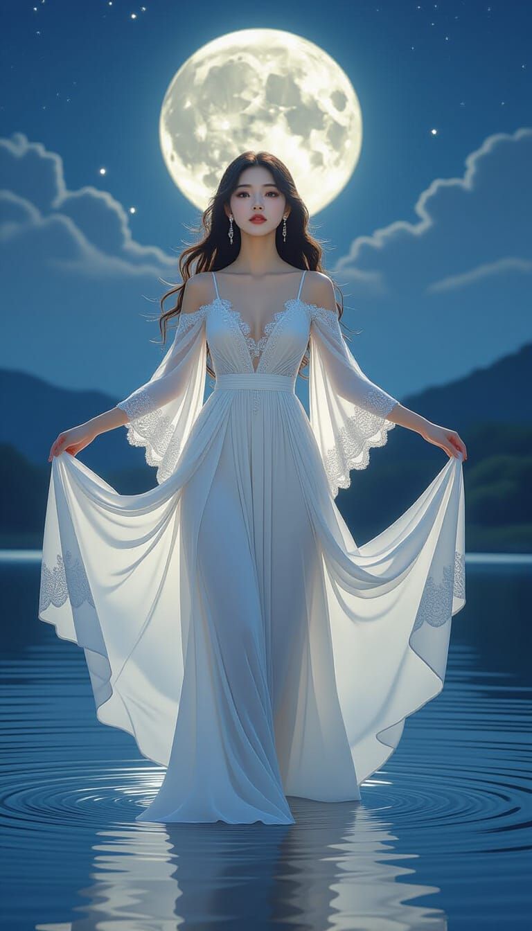 Korean Girl on Moonlit Lake in Fantasy Art Style