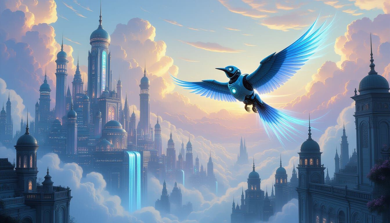 Robot-Bird Soaring Over Alien Cityscape in Ethereal Style