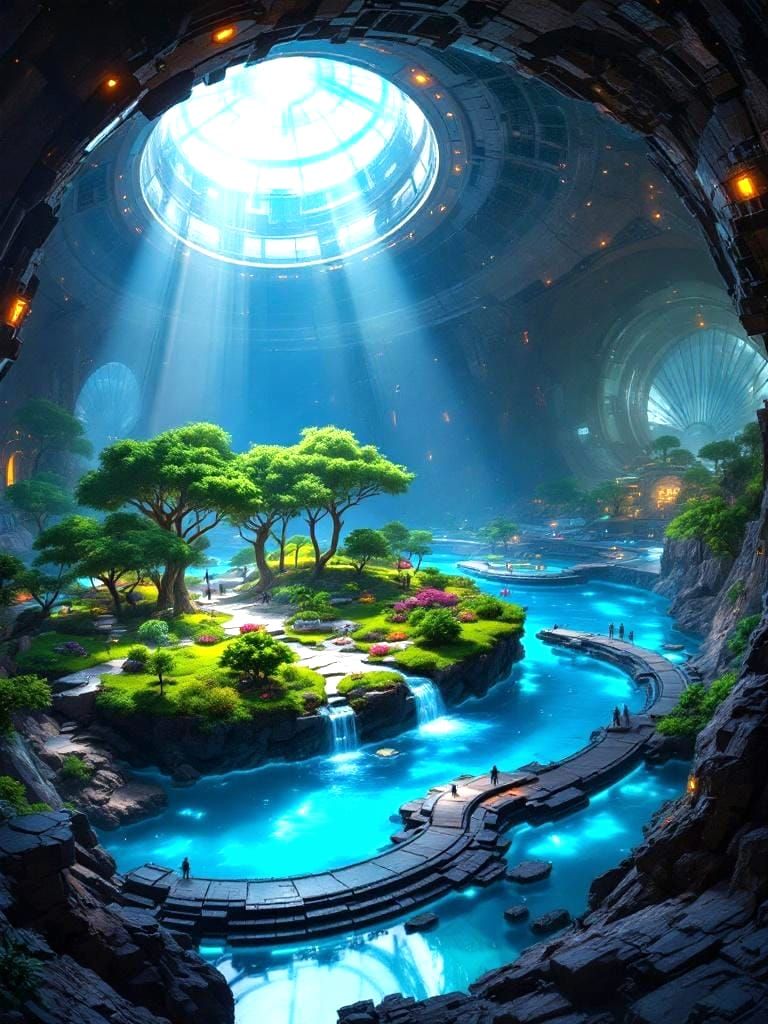 Futuristic Colony Ship Neighborhood with Garden Interiors