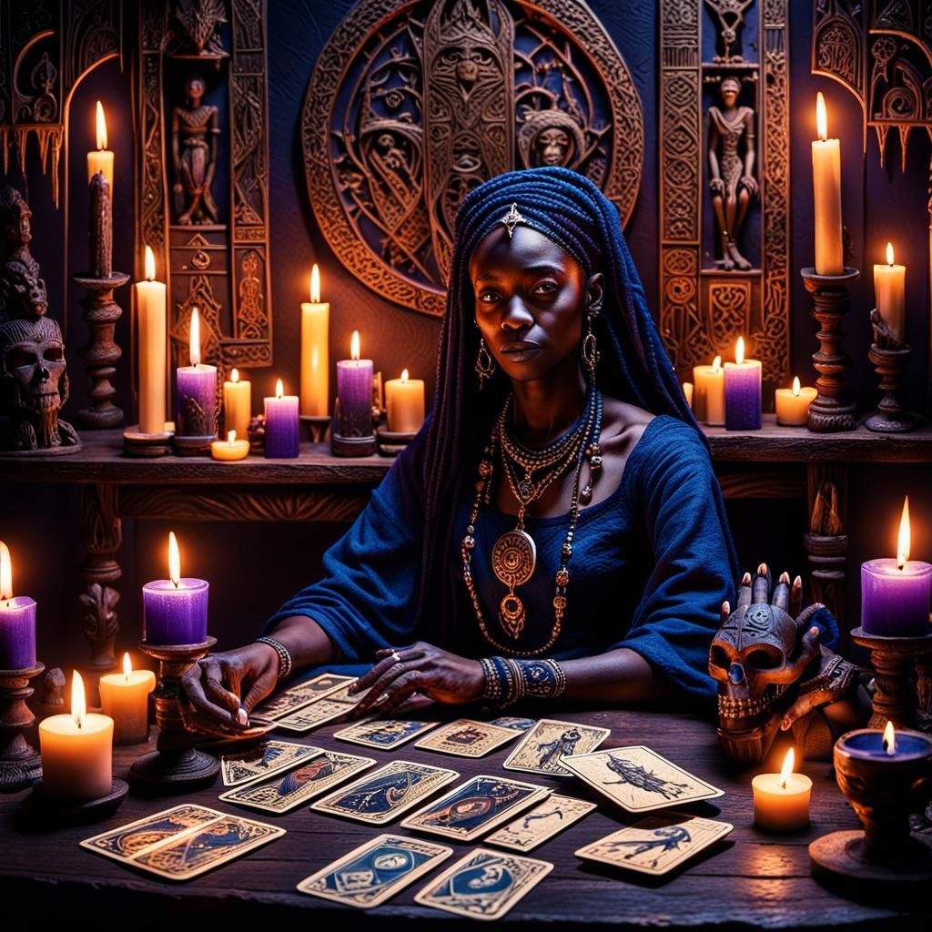 Mystical Voodoo Priestess at Candlelit Table