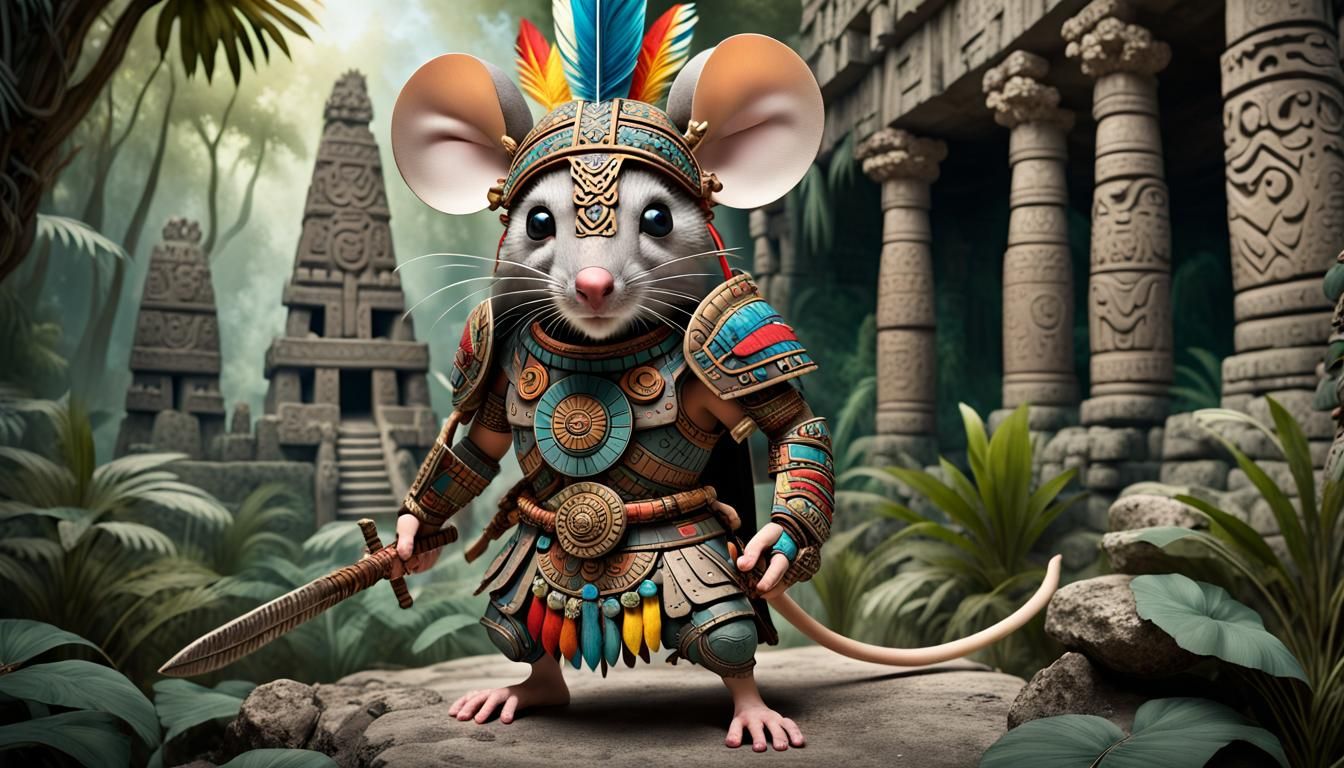 Mayan Mouse Warrior in Jungle Ruins