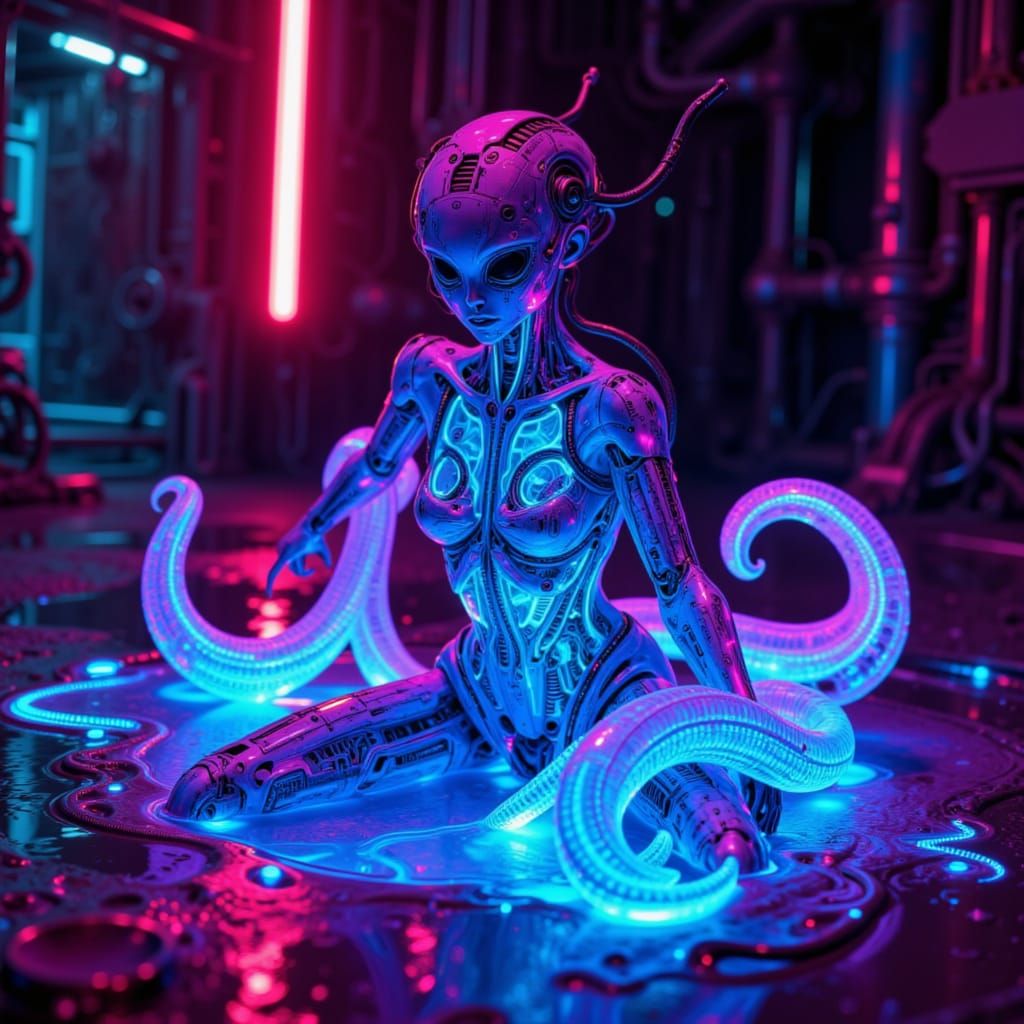 Futuristic Cyborg Dancer in Neon Light