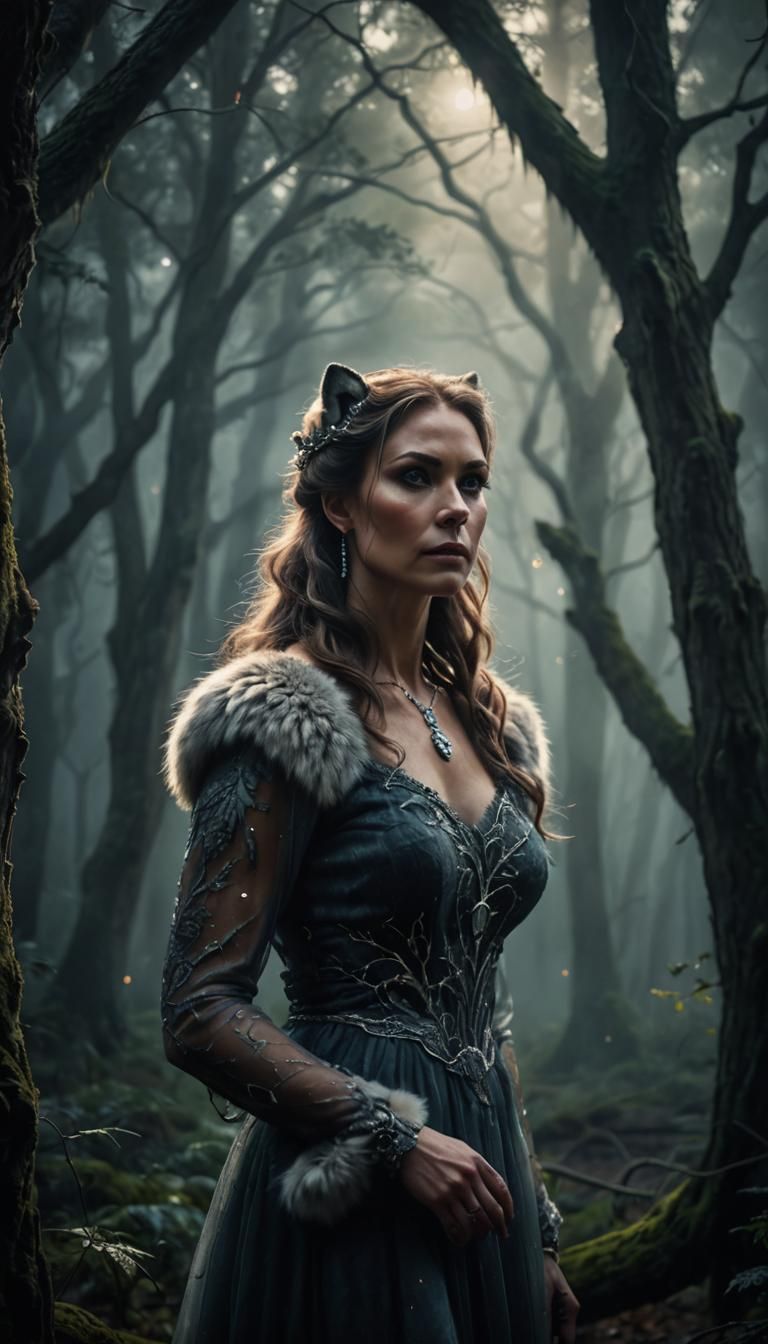 A digital portrait of a woman who is part animal, with reali...