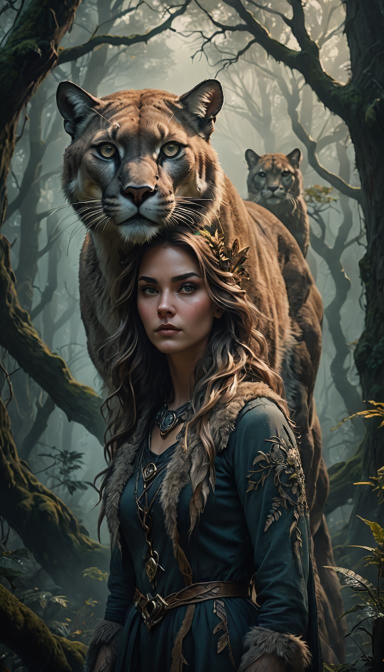 A digital portrait of a woman who is part animal, with reali...