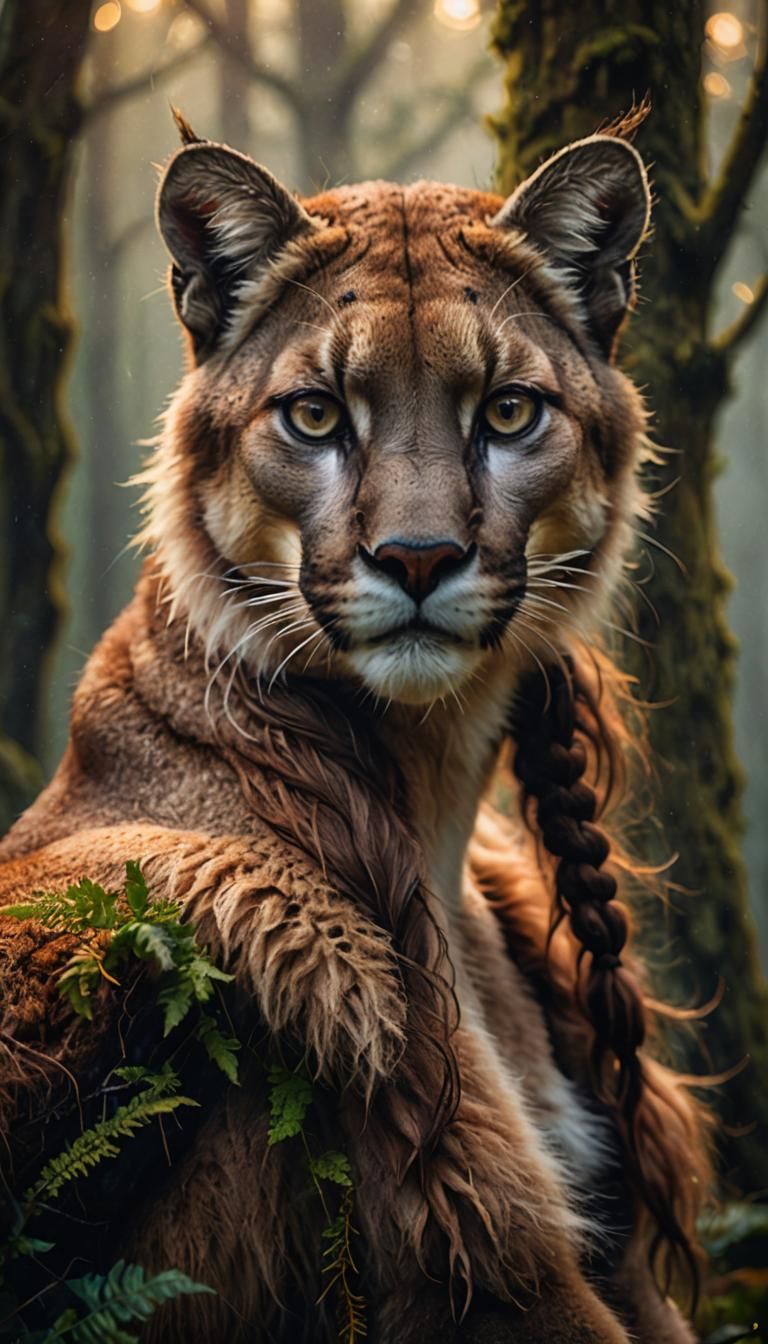 A digital portrait of a woman who is part animal, with reali...