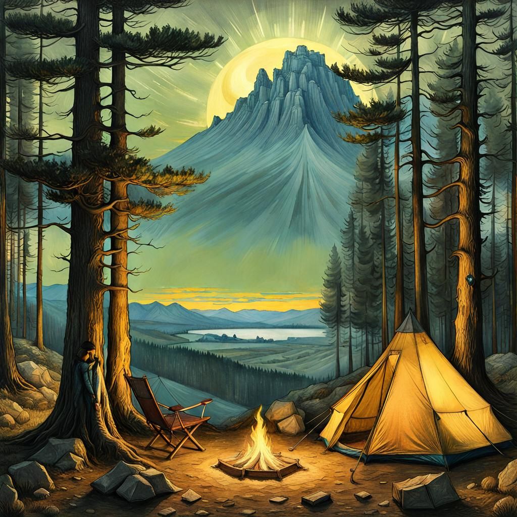 Epic Campsite in Surreal Hyperrealistic Style