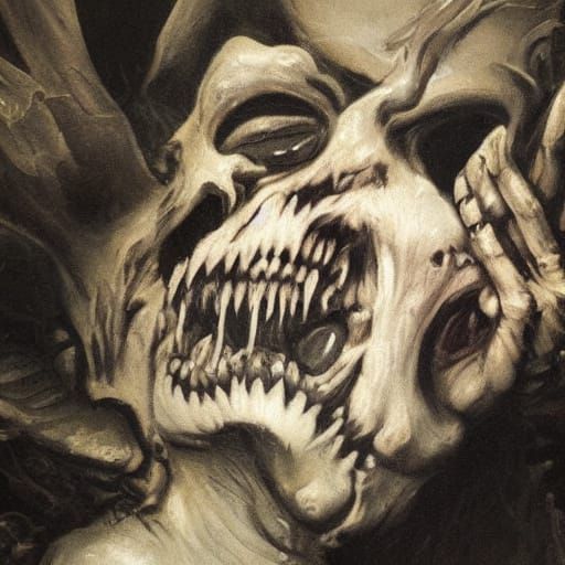 Grotesque Figure Consuming Child in Dark Expressionism