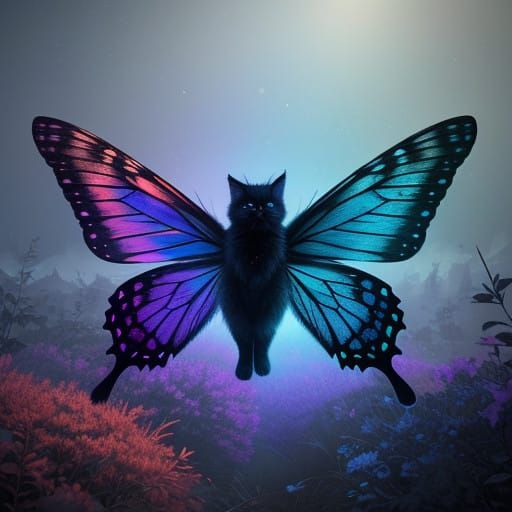 Whimsical Feline Winged Hybrid in Dreamlike Landscape
