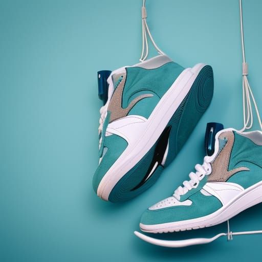 Winged Sneakers on Teal Wall: High-Resolution Photography