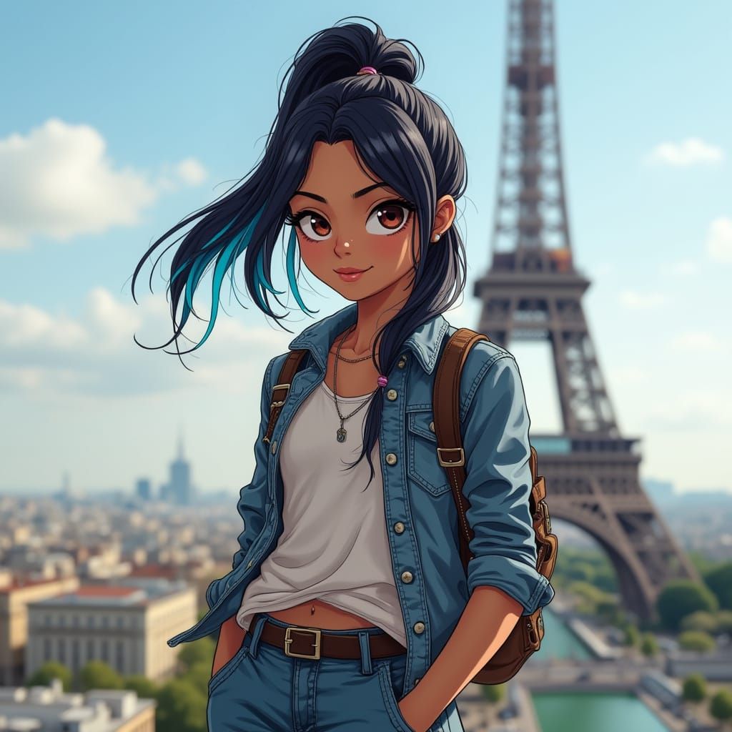 Teen Girl on Eiffel Tower in Vibrant Digital Art