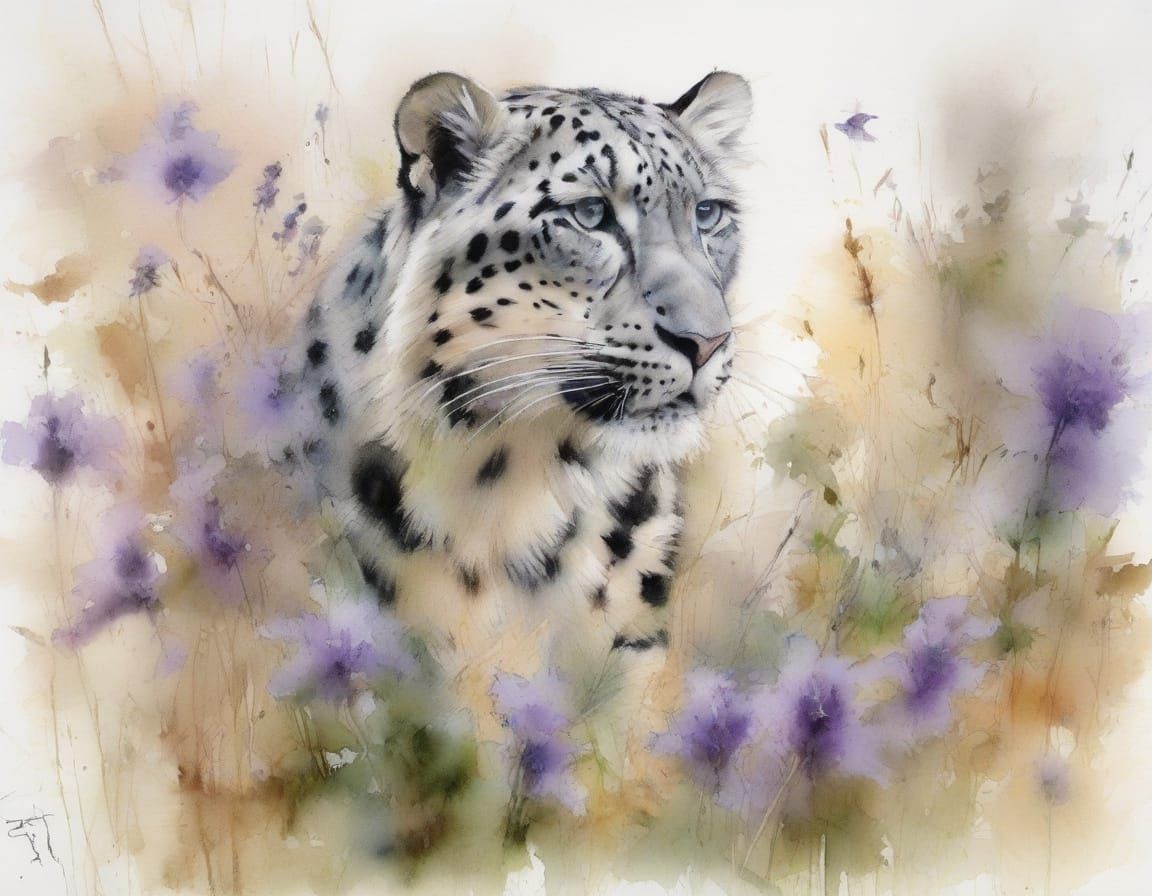 Snow Leopard Cubs in Dewy Meadow: Watercolour Painting