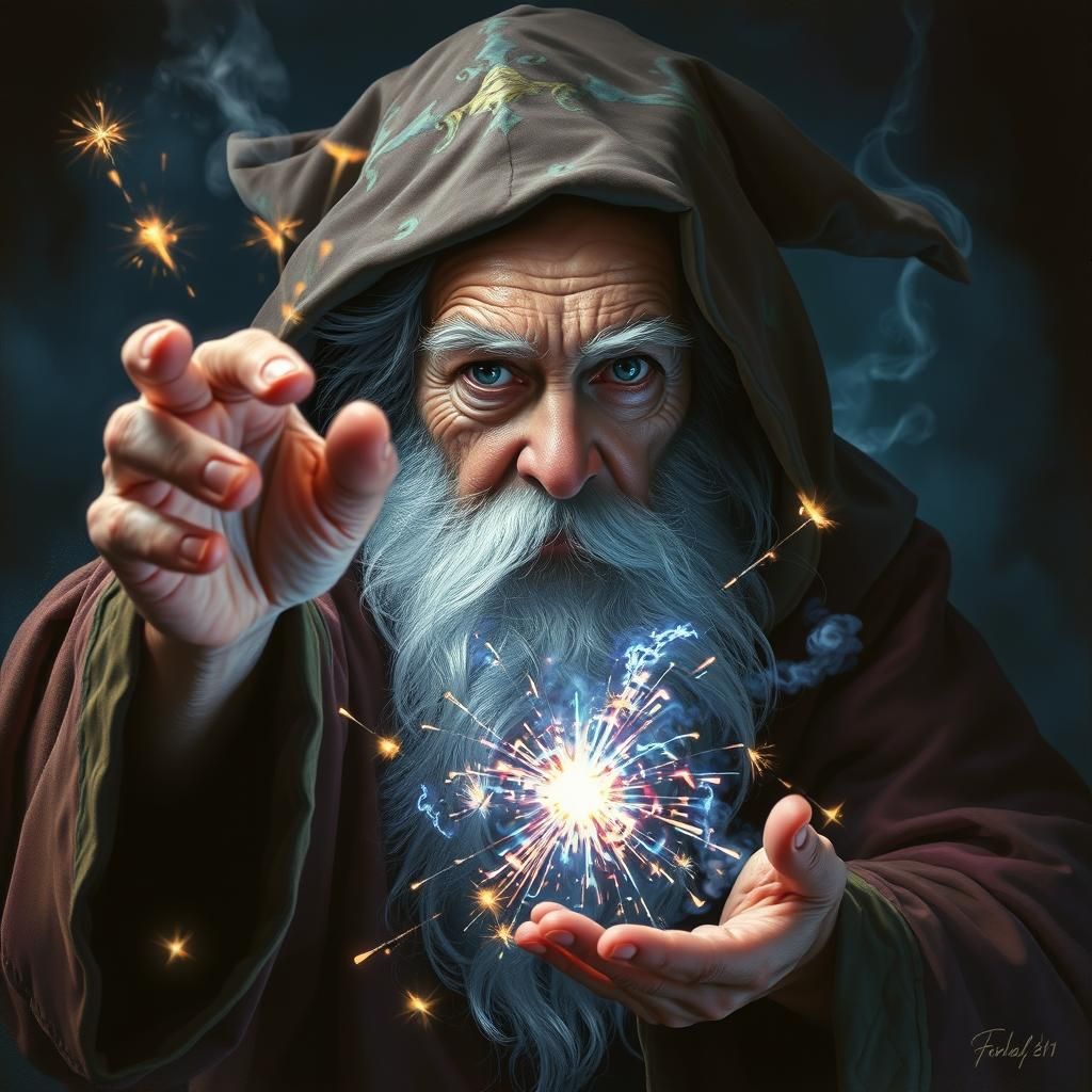 Wizard Casting Spells on a Dark Night