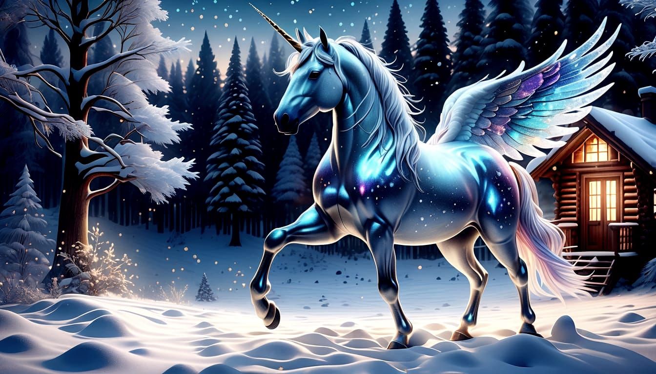 Magical Winter Unicorn with Hidden Cabin Scene