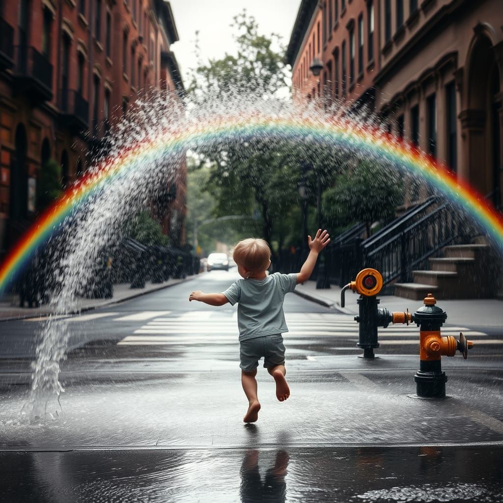 Child Dancing in Burst Fire Hydrant, NYC Street