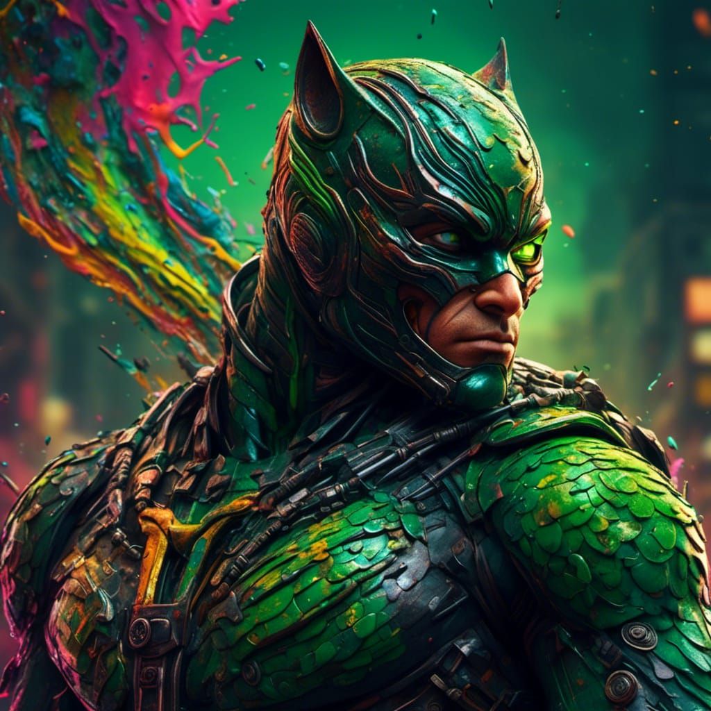 Green-Eyed Monk Portrait in Hyperrealistic Splash Art