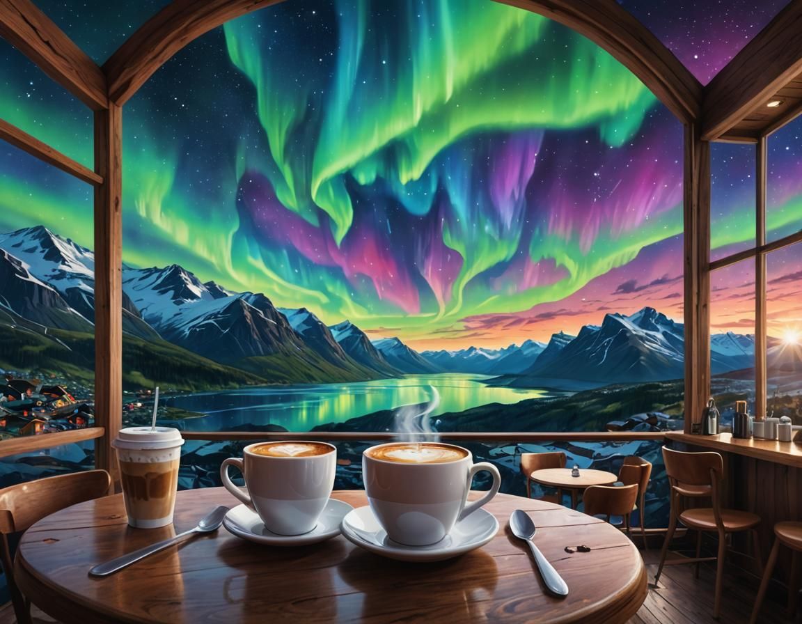 Cafe in Norway Visualizing Cosmic Aurora and Himalayas