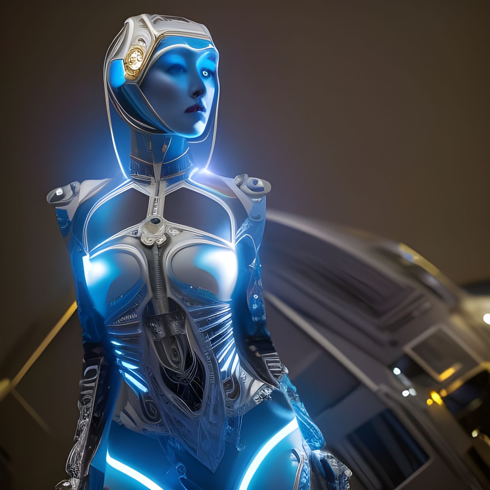 Beautiful Biomechanoid Android in Cyberpunk Advertising Art