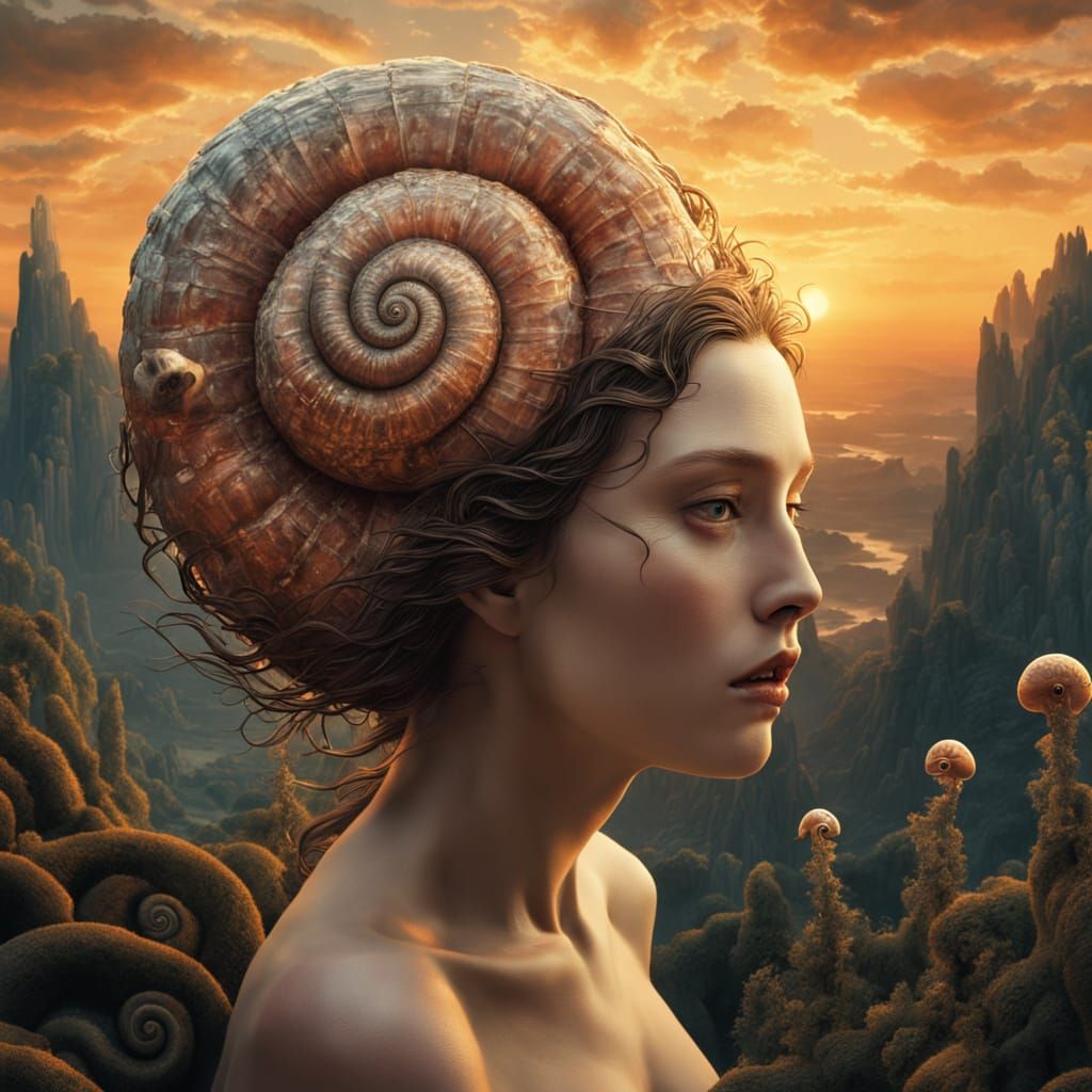 Mystical Snail Goddess in Golden Labyrinth of Light