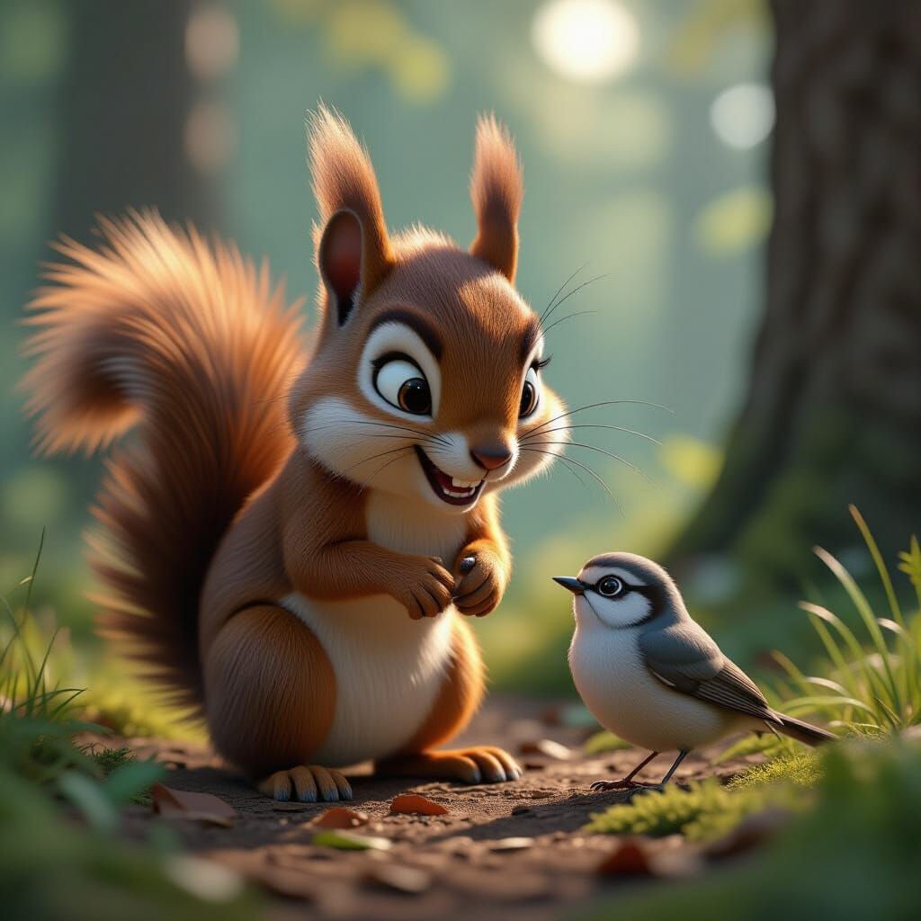Mischievous Squirrel Stalks Bird in 3D CGI Forest