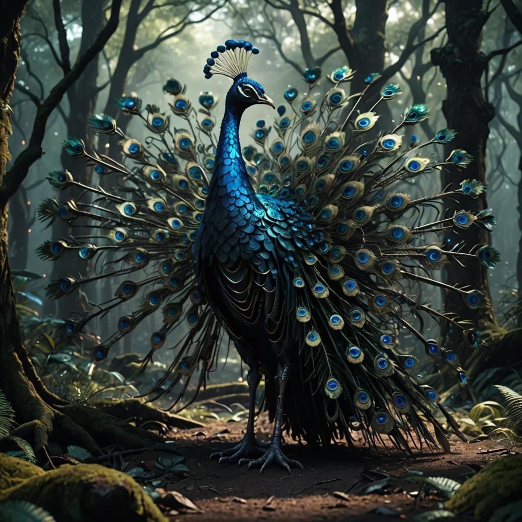 Peacock in a dark forest