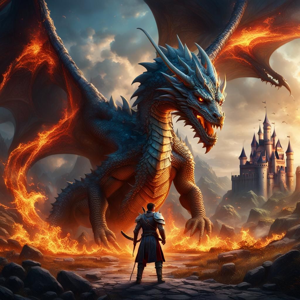 Dragon and Warrior in Burning Landscape: Fantasy Art