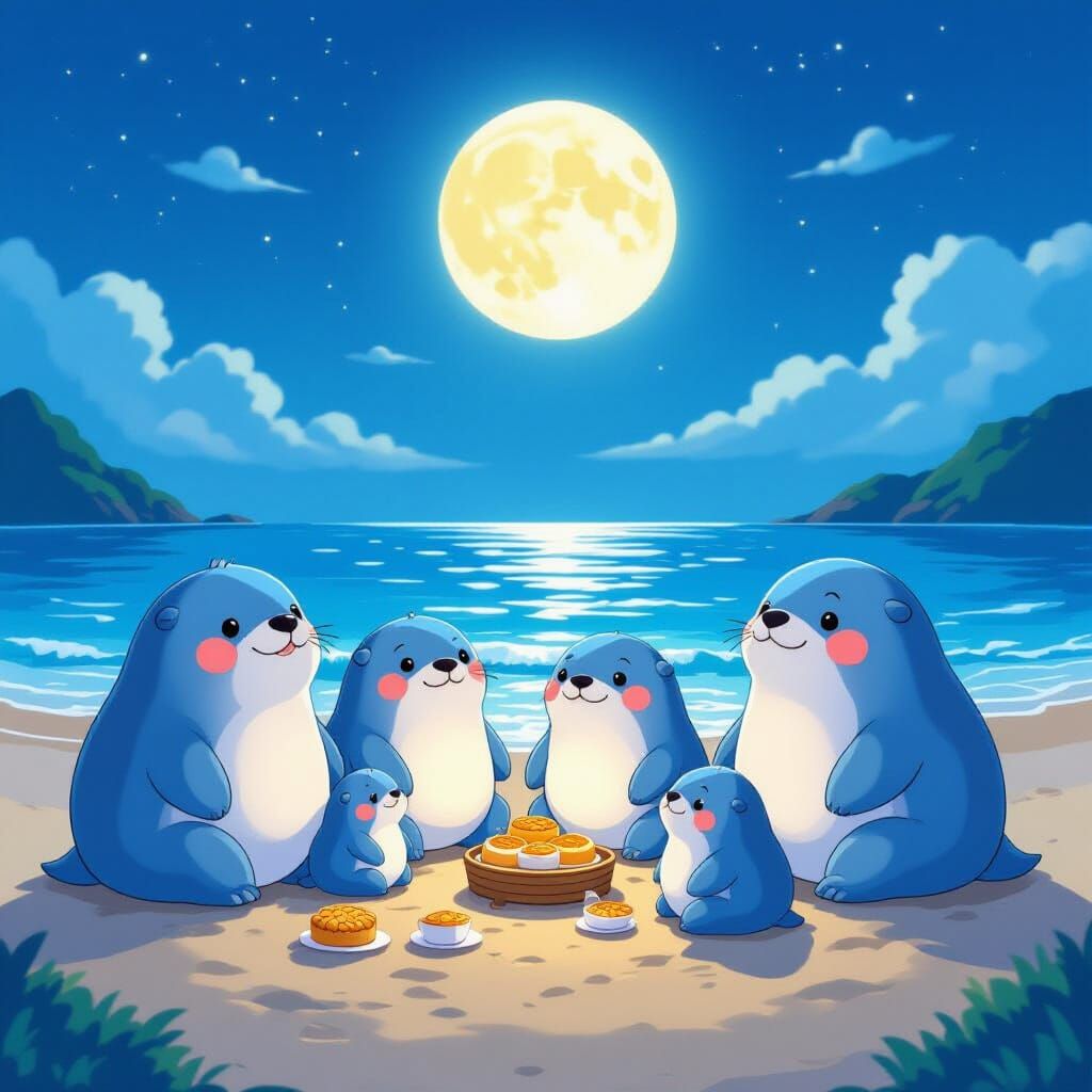 Anime Walrus Family Celebrates Mid-Autumn Festival by the Se...