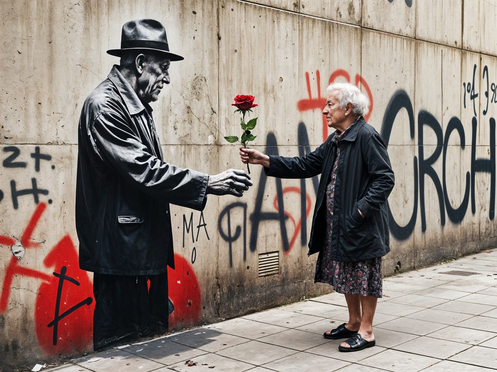 Graffiti Man Gives Red Rose to Elderly Woman in Banksy Style