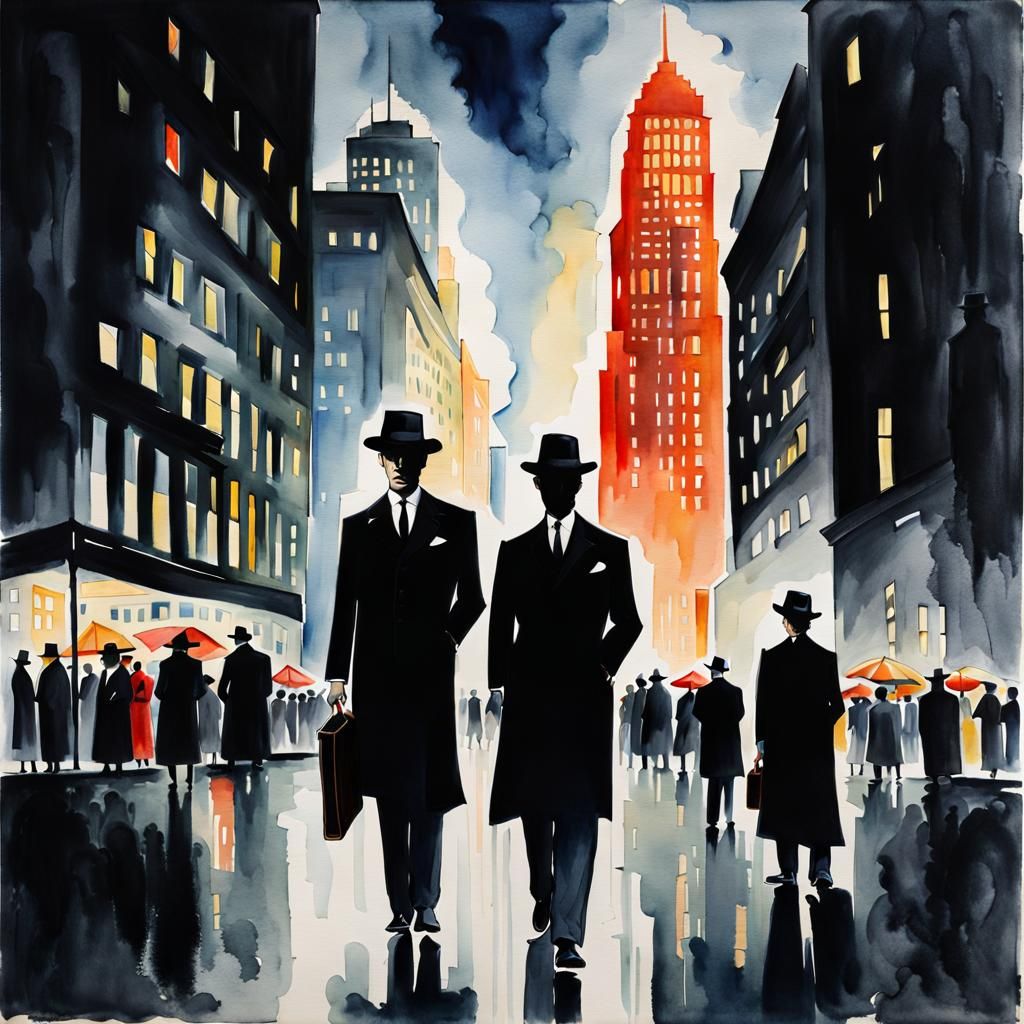 Eerie Men in Black Watercolor Painting