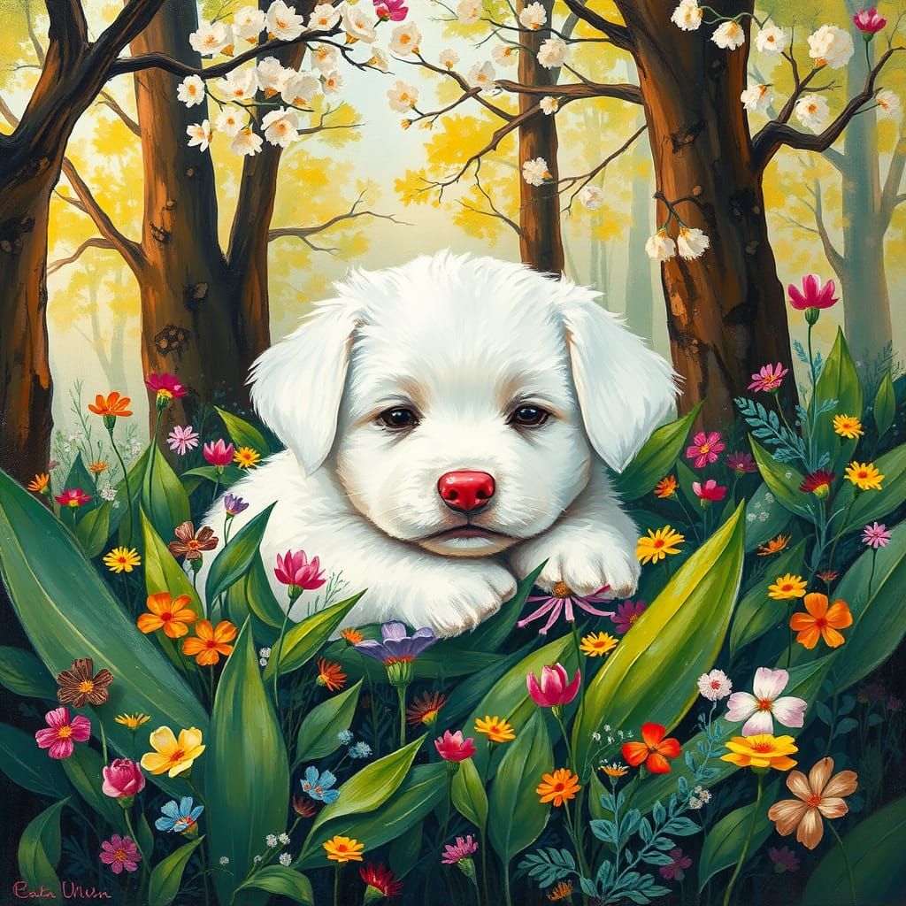 Fluffy Puppy in Wildflower Bed, Abstract Expressionist Style